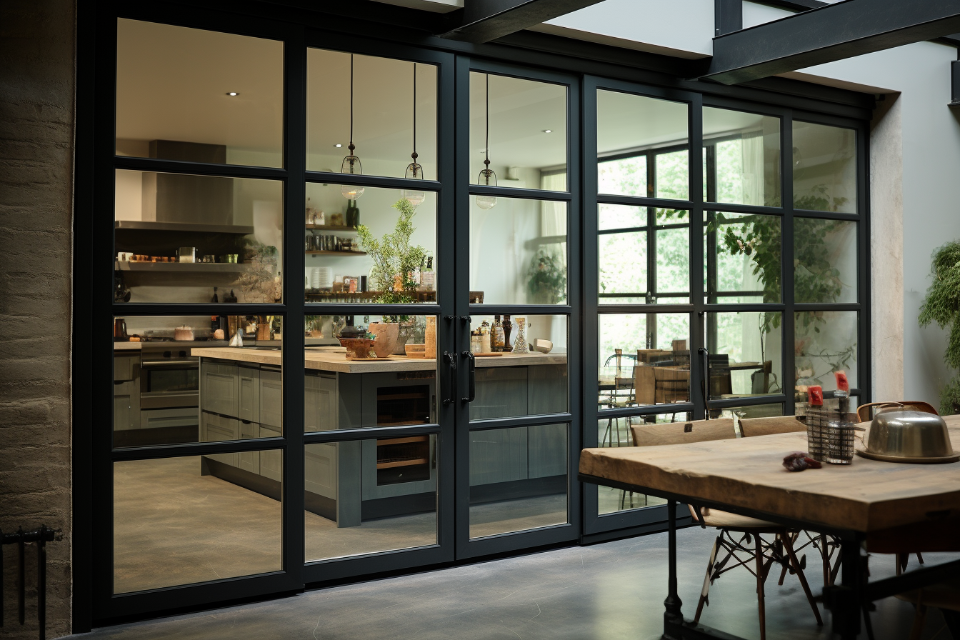 Une verrière d'intérieur qui sépare la cuisine du salon dans un style industriel.