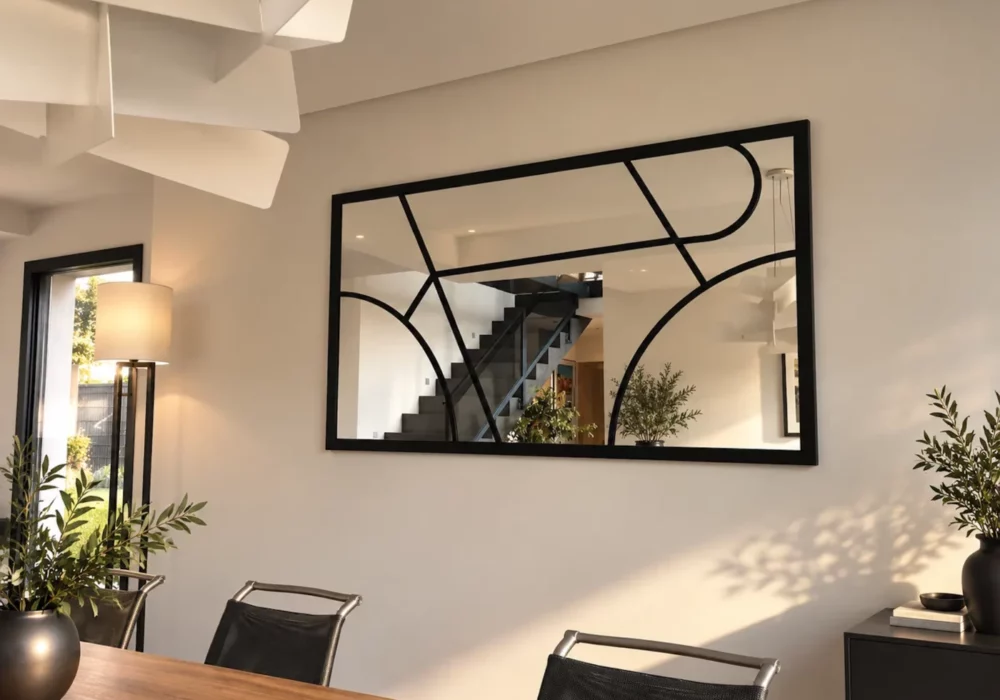 Miroir design graphique sur mesure avec structure en acier noir