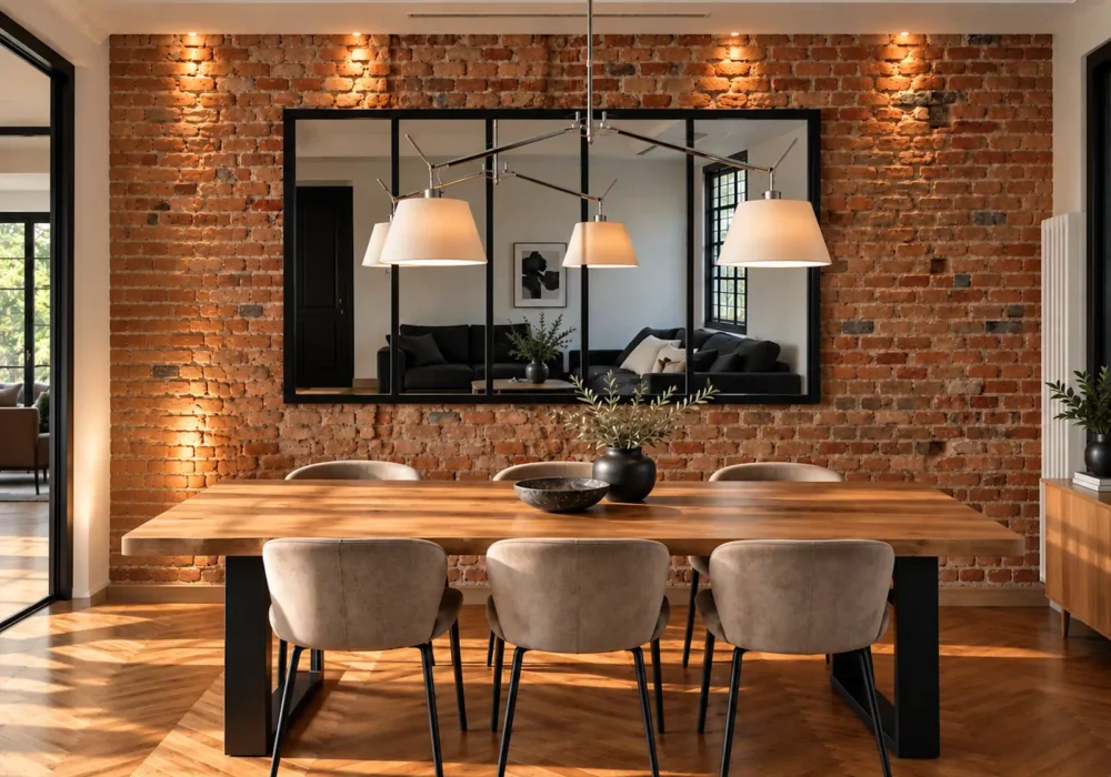 Miroir verrière NOTOS en acier noir sur mur en briques