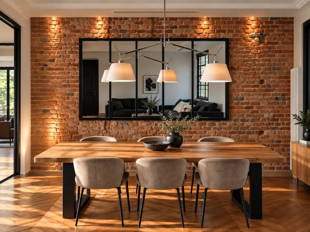 Miroir verrière NOTOS en acier noir sur mur en briques