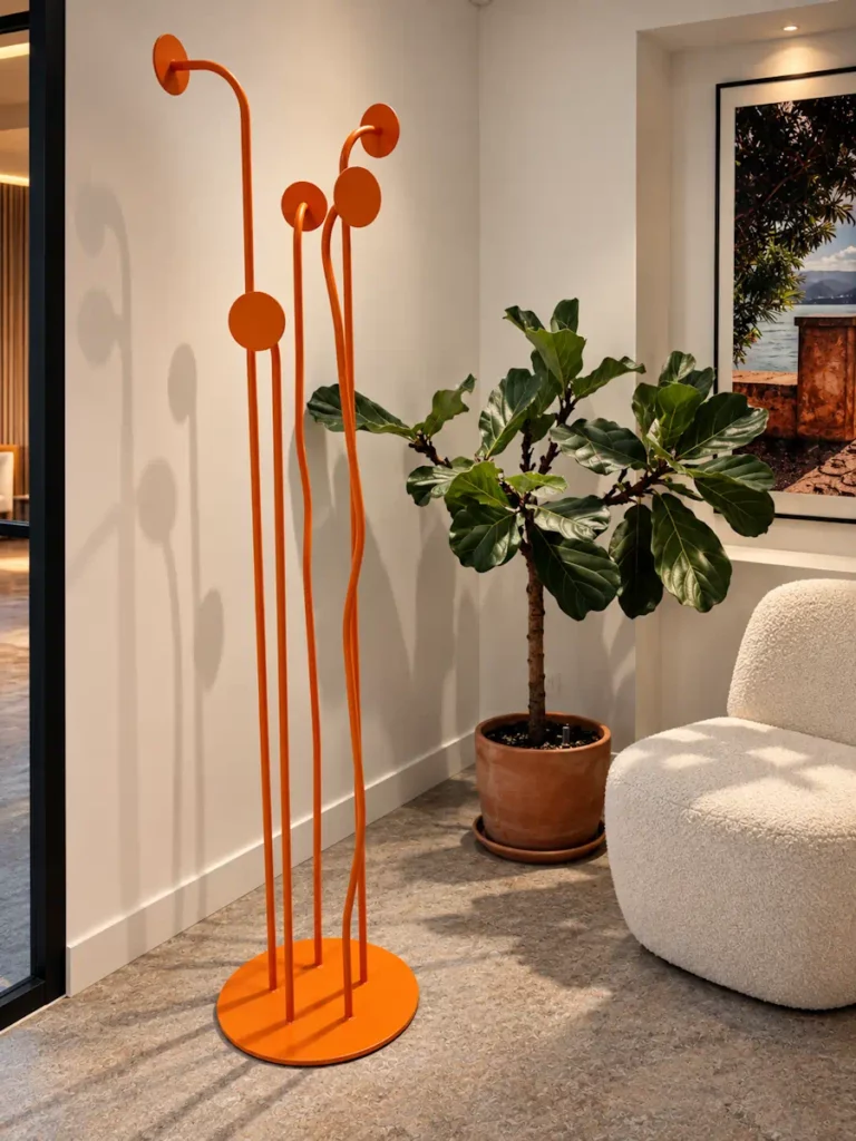 Porte-manteau design AITHER orange en acier dans un intérieur contemporain